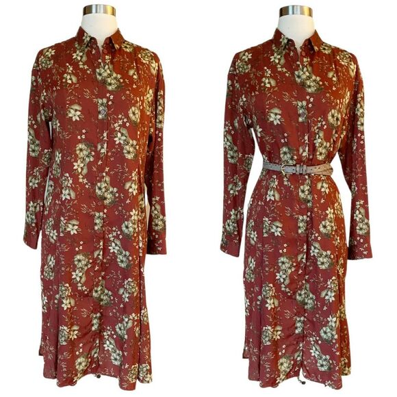Moussy Vintage Dresses & Skirts - MOUSSY Shirt Dress Button Down Floral Burnt Orange Brown Long Sleeve Midi M EUC